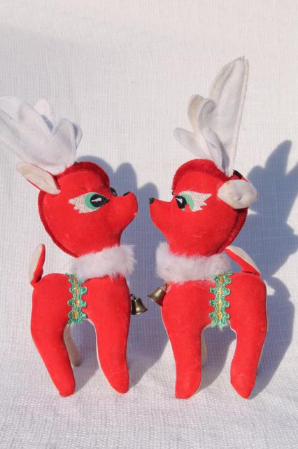 photo of vintage Christmas decorations, lot plastic deer, red velvet reindeer, green flocked Santa boot #5