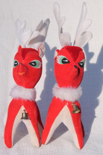 photo of vintage Christmas decorations, lot plastic deer, red velvet reindeer, green flocked Santa boot #6