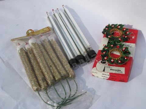 photo of vintage Christmas decorations, mercury glass candles, glitter plastic candle lot #1