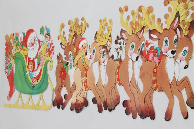 photo of vintage Christmas decorations, paper die-cut Santa & reindeer for holiday window or wall #1