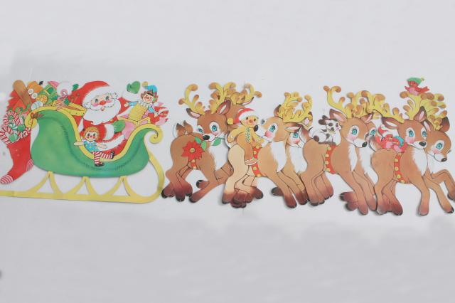 photo of vintage Christmas decorations, paper die-cut Santa & reindeer for holiday window or wall #2