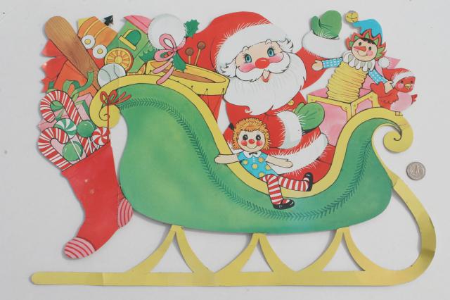 photo of vintage Christmas decorations, paper die-cut Santa & reindeer for holiday window or wall #3