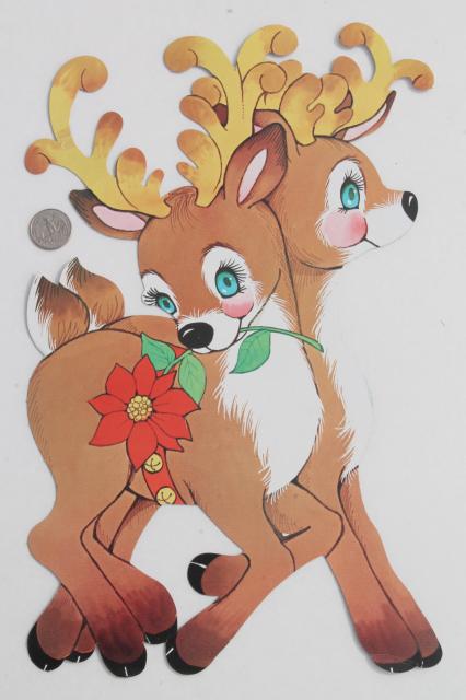 photo of vintage Christmas decorations, paper die-cut Santa & reindeer for holiday window or wall #4