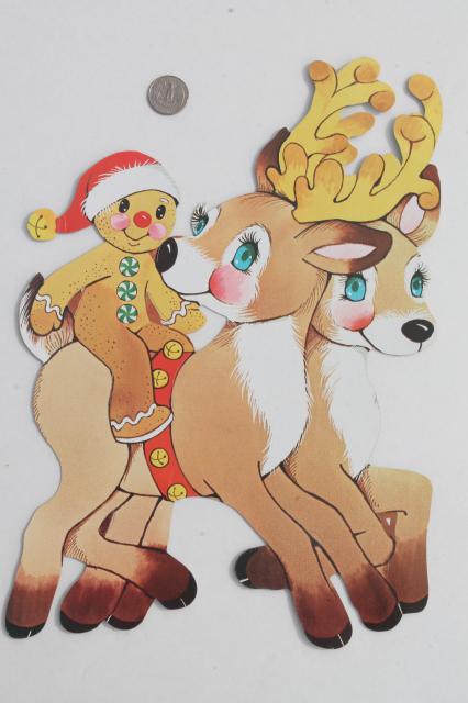 photo of vintage Christmas decorations, paper die-cut Santa & reindeer for holiday window or wall #5