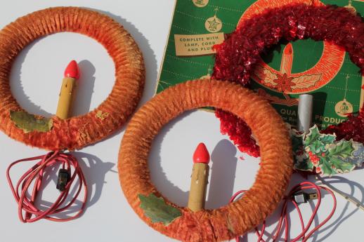 photo of vintage Christmas decorations, red cellophane & chenille velvet wreaths w/ electric candles #1