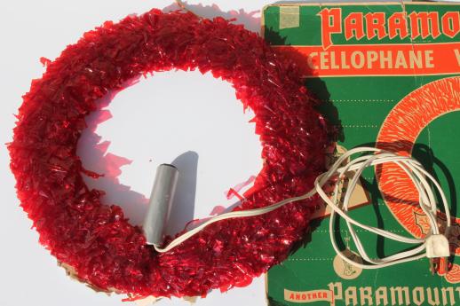 photo of vintage Christmas decorations, red cellophane & chenille velvet wreaths w/ electric candles #2