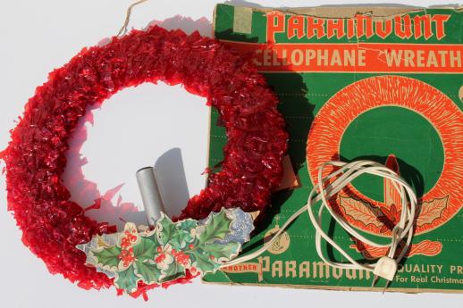 photo of vintage Christmas decorations, red cellophane & chenille velvet wreaths w/ electric candles #11