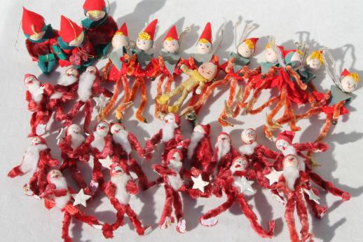 photo of vintage Christmas decorations, tiny chenille pixies elves gift package or tree ornaments #1