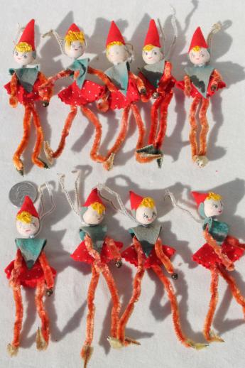 photo of vintage Christmas decorations, tiny chenille pixies elves gift package or tree ornaments #6