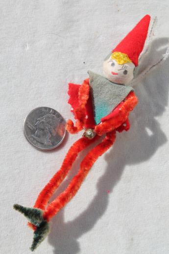 photo of vintage Christmas decorations, tiny chenille pixies elves gift package or tree ornaments #7