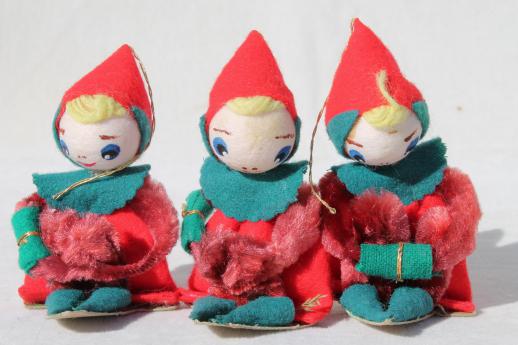 photo of vintage Christmas decorations, tiny chenille pixies elves gift package or tree ornaments #9