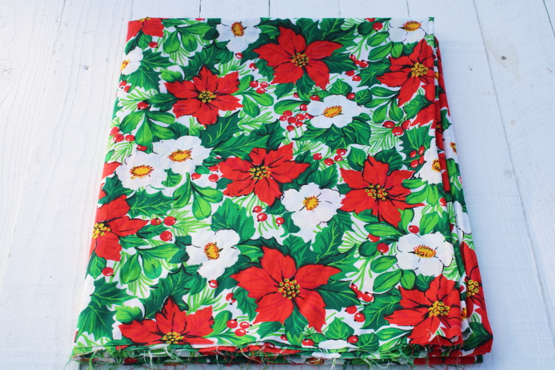photo of vintage Christmas fabric, green & red floral roses holly poinsettias print 60 inches wide  #1