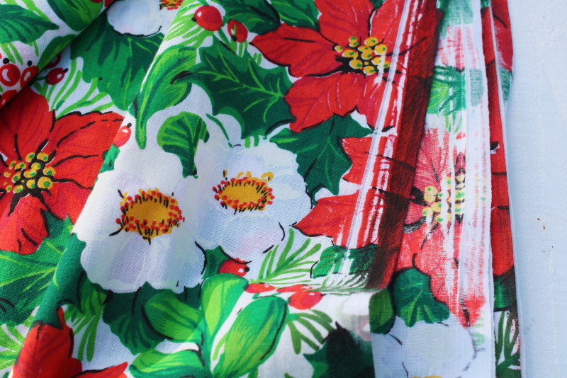 photo of vintage Christmas fabric, green & red floral roses holly poinsettias print 60 inches wide #2