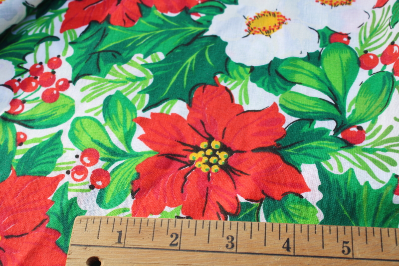 photo of vintage Christmas fabric, green & red floral roses holly poinsettias print 60 inches wide #3