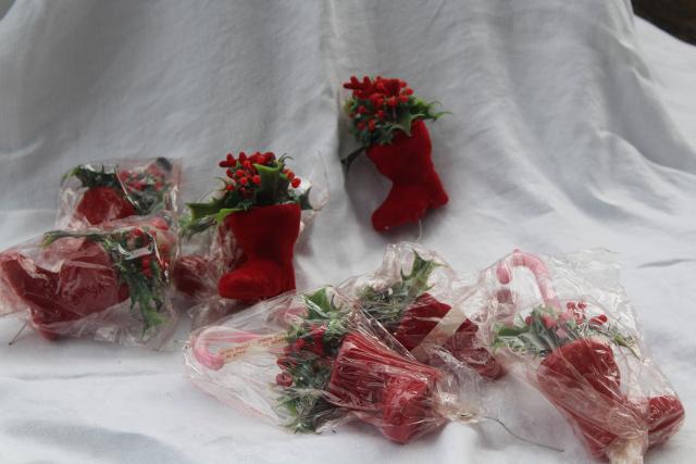 photo of vintage Christmas flocked plastic florist picks, red deer, Santa boot w/ candy canes & snowman #1