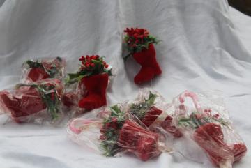 catalog photo of vintage Christmas flocked plastic florist picks, red deer, Santa boot w/ candy canes & snowman