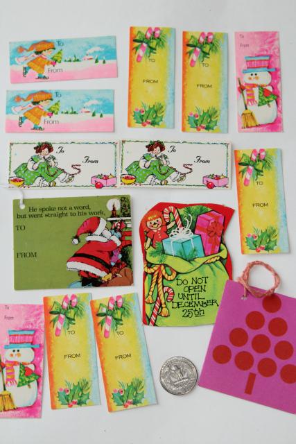 photo of vintage Christmas gift tags, retro neon bright colors pink labels pixie elves #2