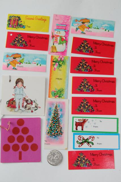 photo of vintage Christmas gift tags, retro neon bright colors pink labels pixie elves #4