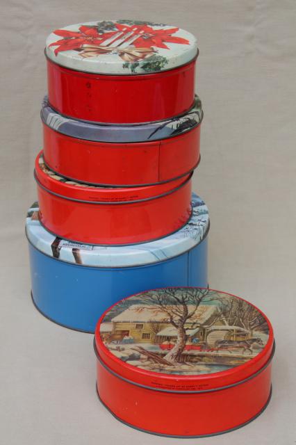 photo of vintage Christmas gift tins, candy & cookies tin lot in red & holiday colors #1