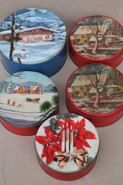 photo of vintage Christmas gift tins, candy & cookies tin lot in red & holiday colors #7