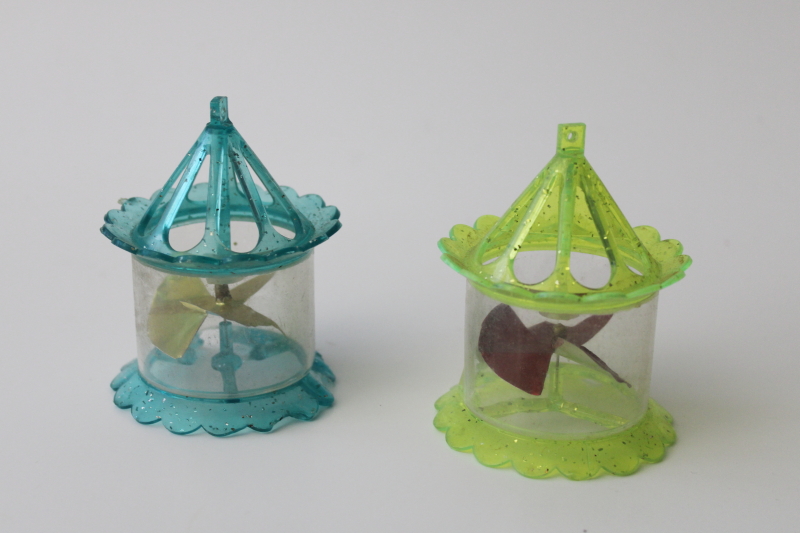 photo of vintage Christmas glitter plastic spinner motion ornaments, foil pinwheel birdcage #1