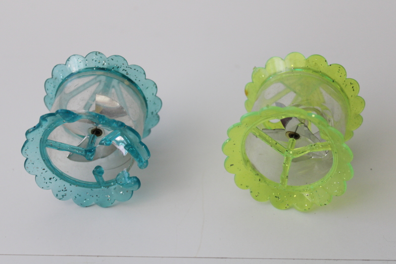 photo of vintage Christmas glitter plastic spinner motion ornaments, foil pinwheel birdcage #4