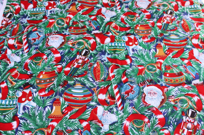 photo of vintage Christmas holiday craft quilting cotton fabric, Santas, tree ornaments, candy canes #1