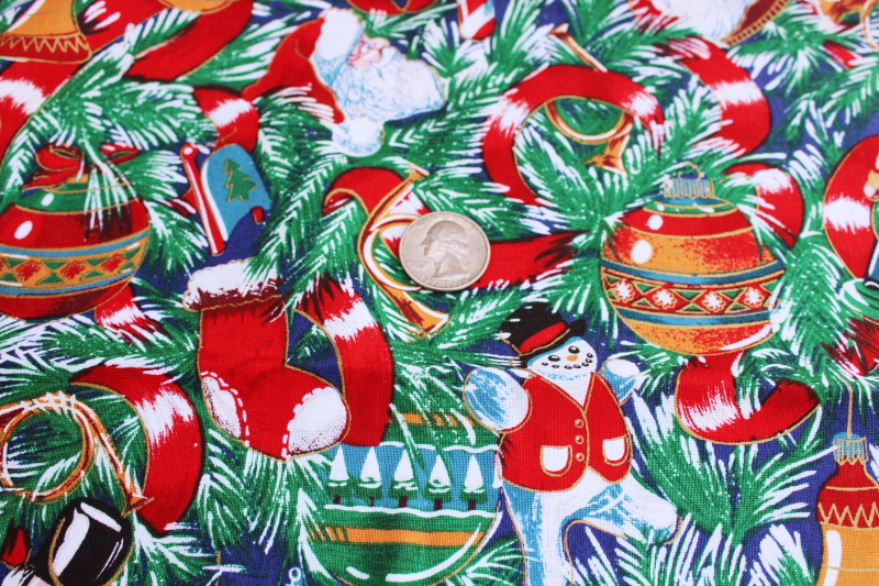 photo of vintage Christmas holiday craft quilting cotton fabric, Santas, tree ornaments, candy canes #3