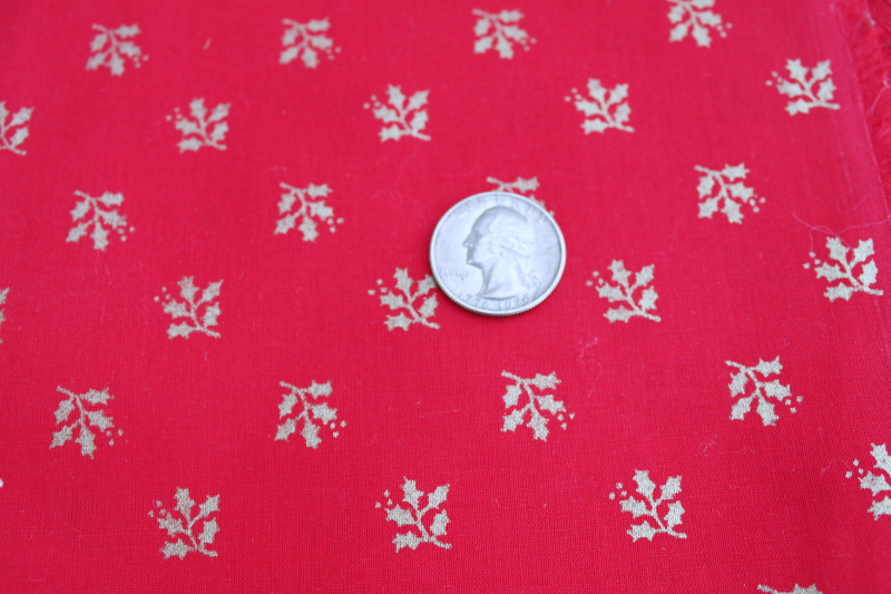 photo of vintage Christmas holiday craft quilting cotton fabric, gold holly on red #1