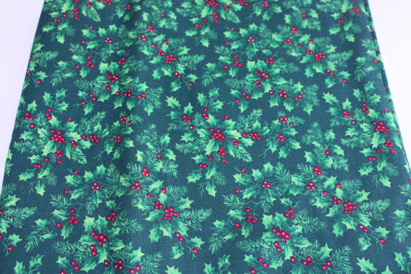 photo of vintage Christmas holiday craft quilting cotton fabric, red & green holly print #1