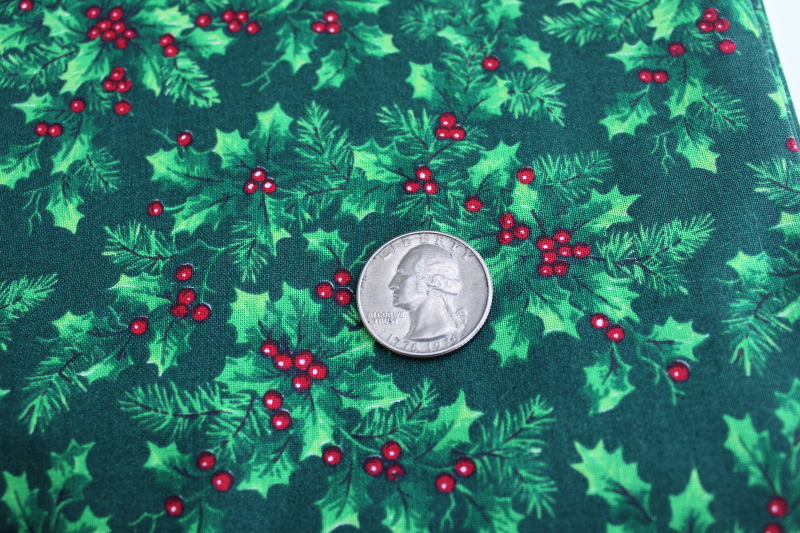 photo of vintage Christmas holiday craft quilting cotton fabric, red & green holly print #2