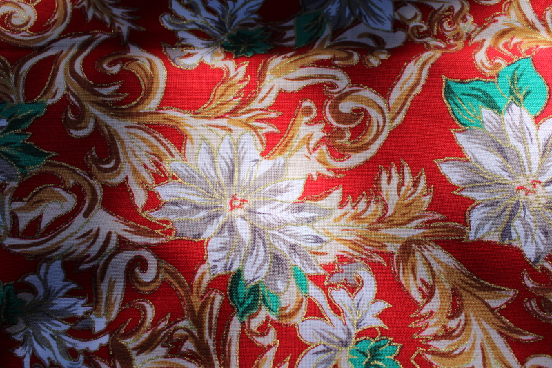 photo of vintage Christmas holiday craft quilting cotton fabric, white poinsettias on red #2
