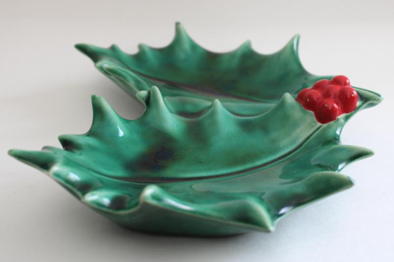 photo of vintage Christmas holly candy dish, hand painted hobbyist ceramic  #2