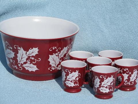 photo of vintage Christmas holly glass punch bowl and cups, cranberry red and white #1