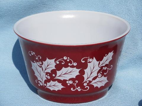 photo of vintage Christmas holly glass punch bowl and cups, cranberry red and white #2