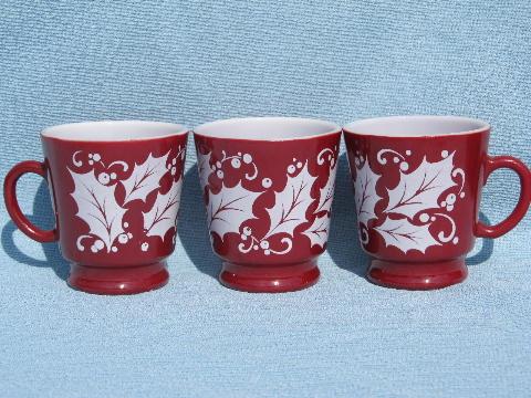 photo of vintage Christmas holly glass punch bowl and cups, cranberry red and white #3