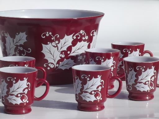 photo of vintage Christmas holly glass punch bowl & cups, cranberry red & white #1