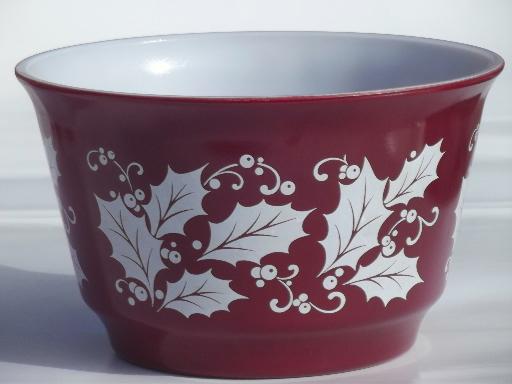 photo of vintage Christmas holly glass punch bowl & cups, cranberry red & white #2