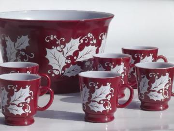 catalog photo of vintage Christmas holly glass punch bowl & cups, cranberry red & white