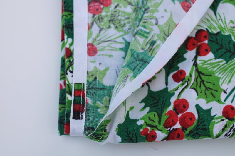 photo of vintage Christmas holly print cotton poly blend fabric, holiday tablecloth handmade #2
