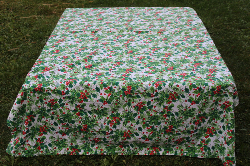 photo of vintage Christmas holly print cotton poly blend fabric, holiday tablecloth handmade #3
