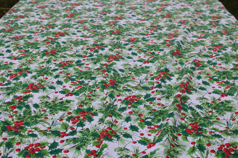 photo of vintage Christmas holly print cotton poly blend fabric, holiday tablecloth handmade #4