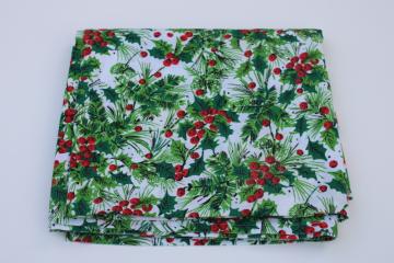 catalog photo of vintage Christmas holly print cotton poly blend fabric, holiday tablecloth handmade 