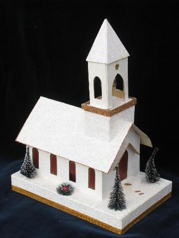 photo of vintage Christmas, lighted cardboard paper church music box light, for putz village #1