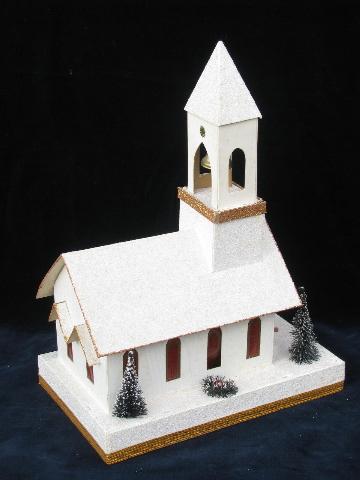 photo of vintage Christmas, lighted cardboard paper church music box light, for putz village #3