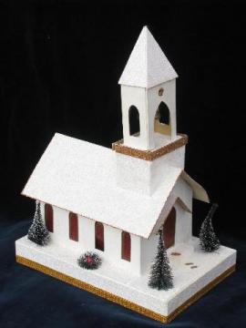 catalog photo of vintage Christmas, lighted cardboard paper church music box light, for putz village