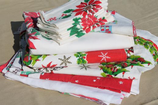 photo of vintage Christmas linens, lot holiday print cotton tablecloths & cloth napkins #1