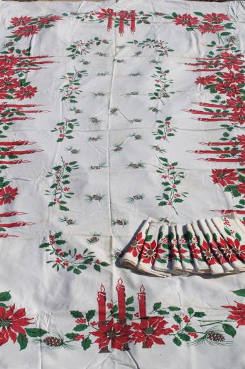 photo of vintage Christmas linens, lot holiday print cotton tablecloths & cloth napkins #9