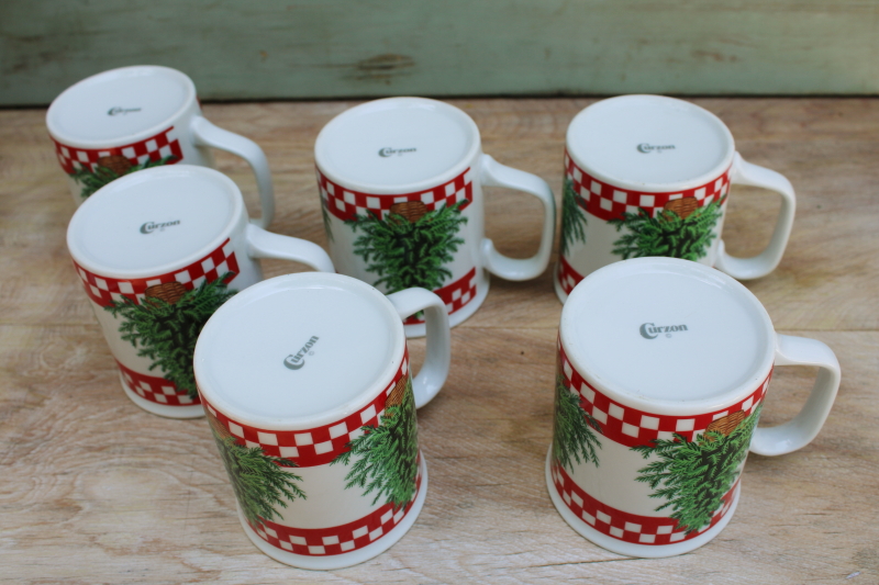 photo of vintage Christmas mugs set, rustic cozy holiday red & white checked w/ pine trees #3