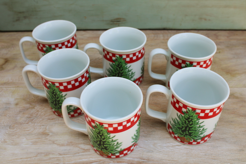 photo of vintage Christmas mugs set, rustic cozy holiday red & white checked w/ pine trees #4